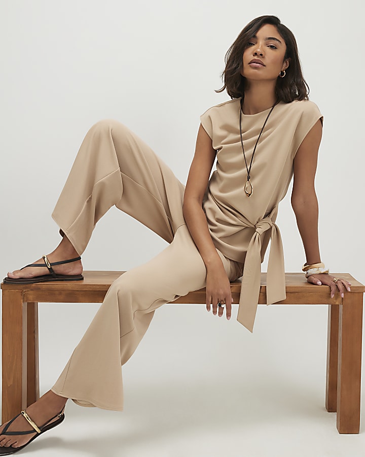 Beige Wide Leg Trousers