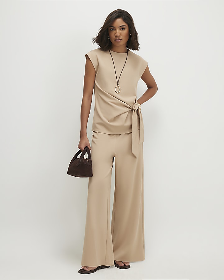 Beige Wide Leg Trousers