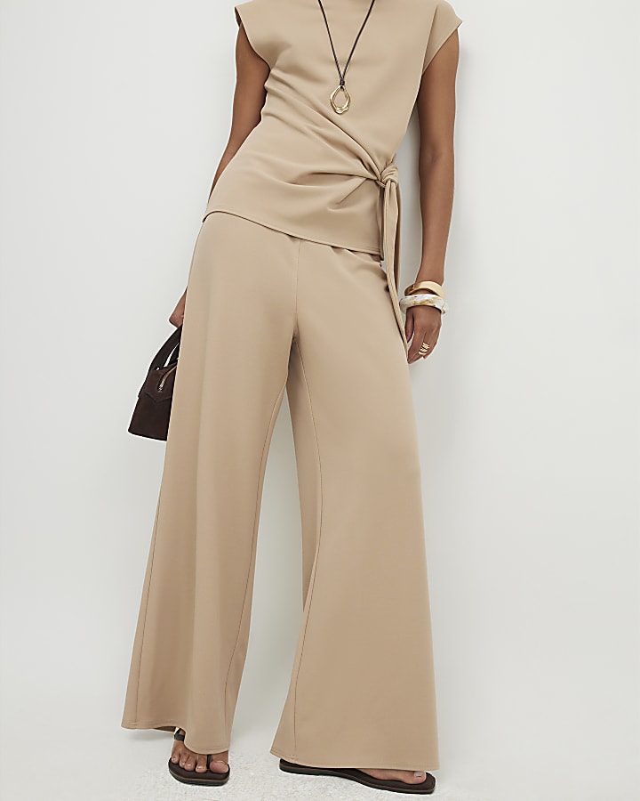 Beige Wide Leg Trousers