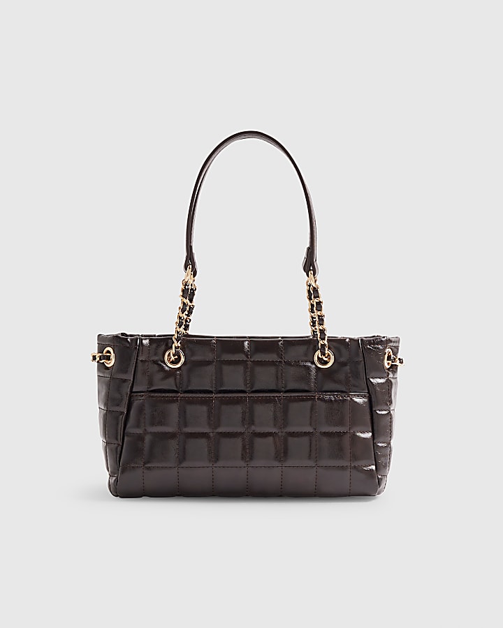 Brown Quilted Chain Handle Shoulder Bag