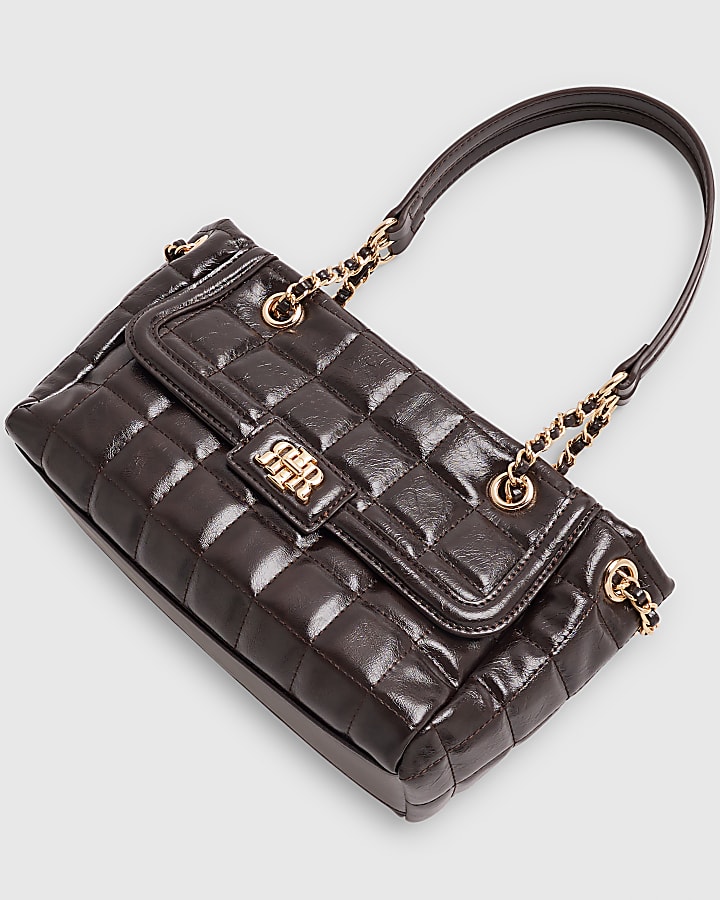 Brown Quilted Chain Handle Shoulder Bag