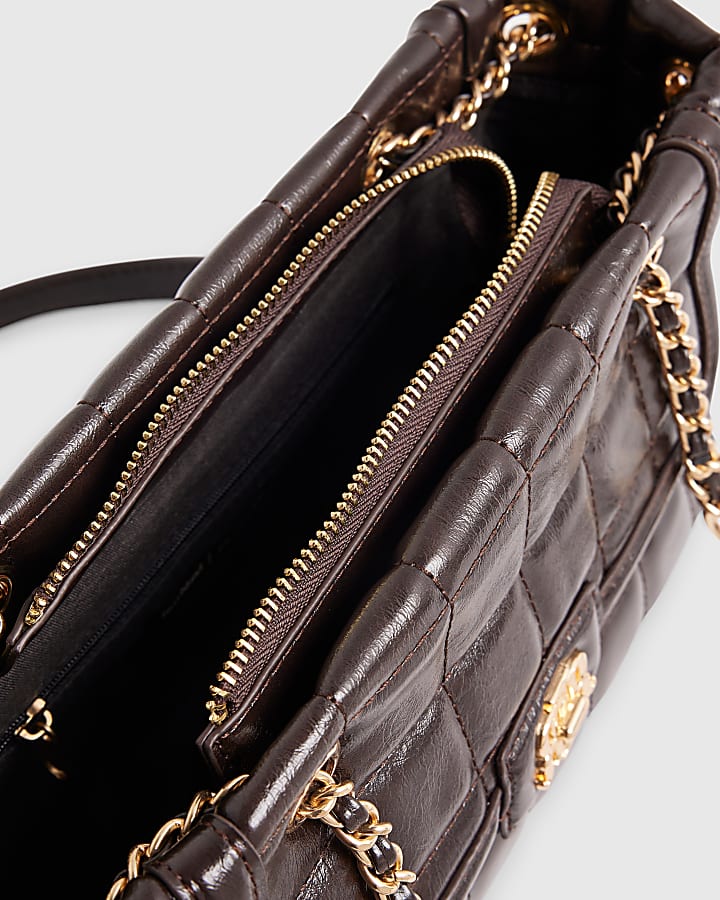Brown Quilted Chain Handle Shoulder Bag