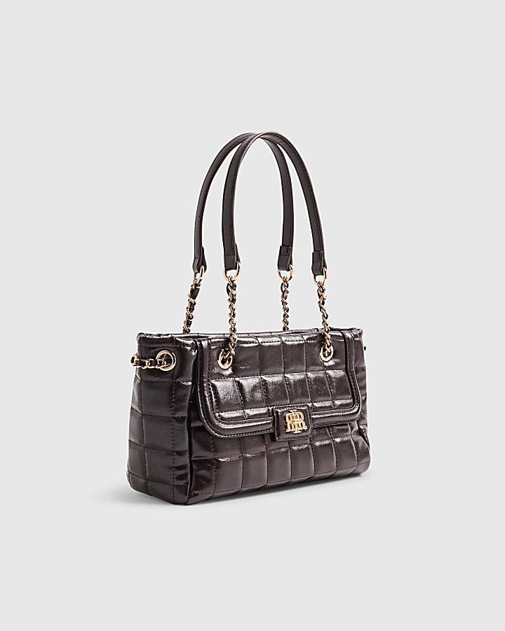 Brown Quilted Chain Handle Shoulder Bag