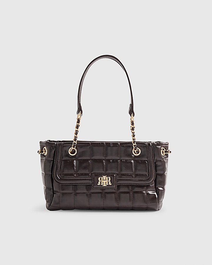 Brown Quilted Chain Handle Shoulder Bag