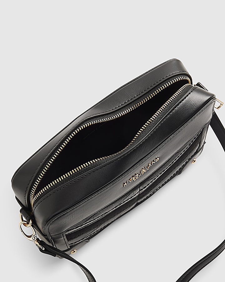 Black Panelled Chevron Boxy Cross Body Bag