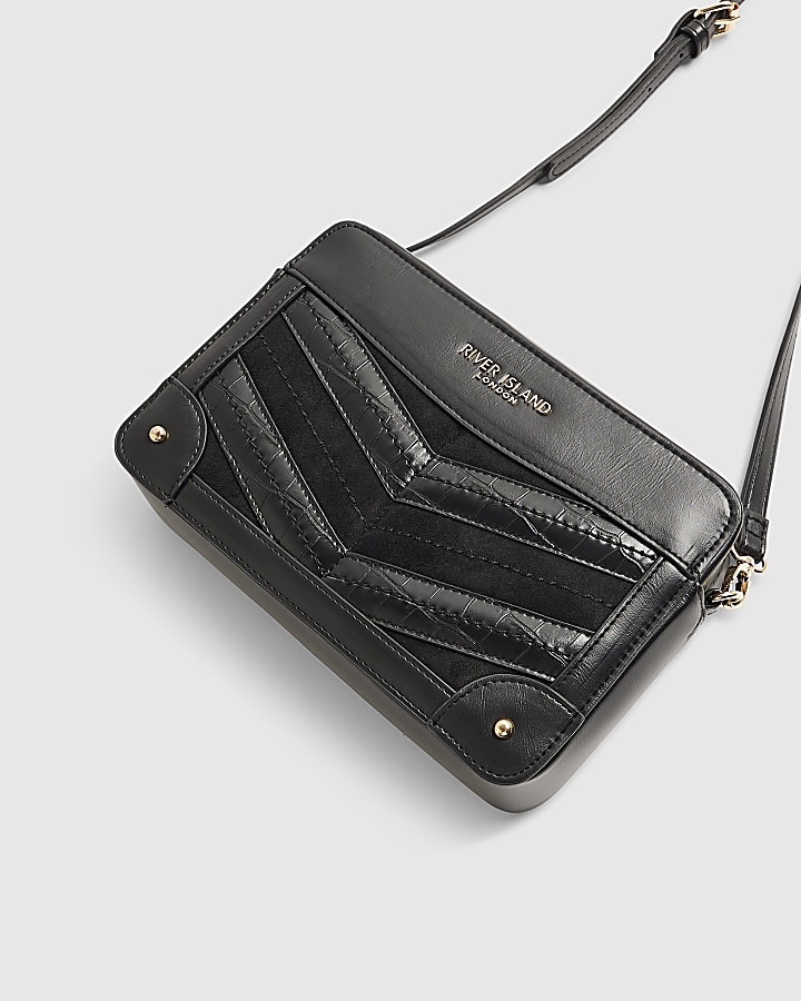 Black Panelled Chevron Boxy Cross Body Bag