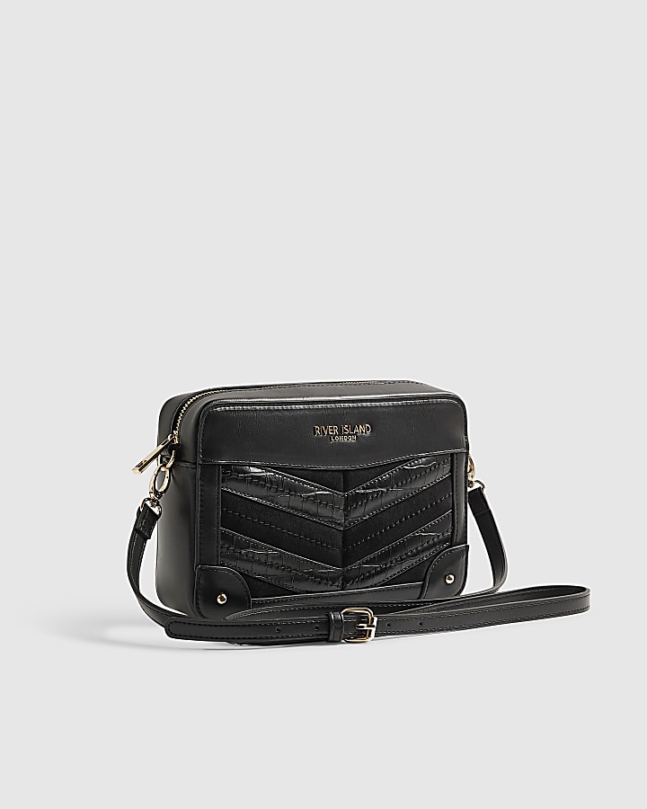 Black Panelled Chevron Boxy Cross Body Bag