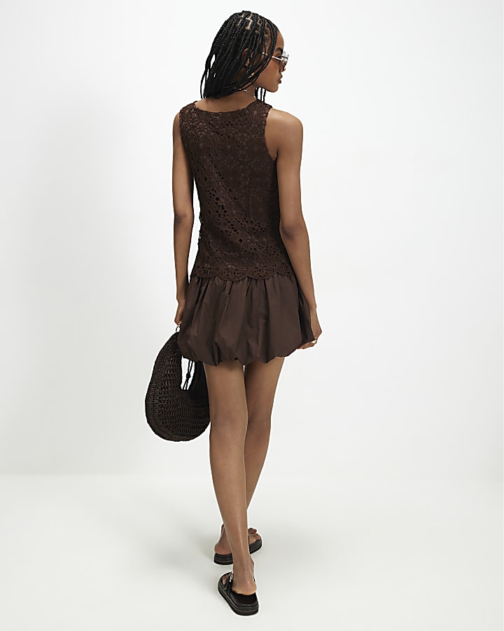 Brown Crochet Hybrid Mini Dress