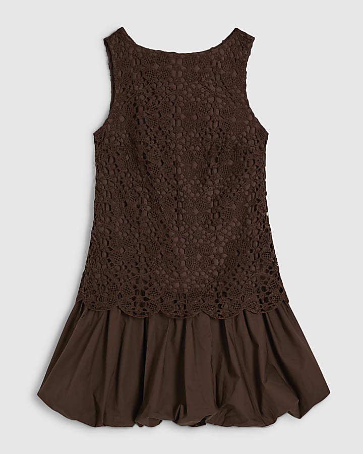 Brown Crochet Hybrid Mini Dress