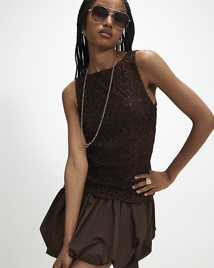 Brown Crochet Hybrid Mini Dress