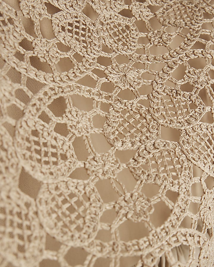 Beige Crochet Hybrid Bubble Hem Mini Dress