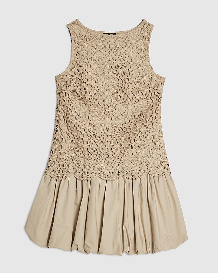 Beige Crochet Hybrid Bubble Hem Mini Dress