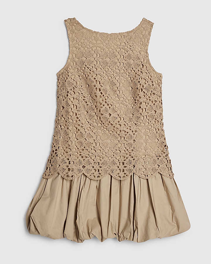 Petite Beige Crochet Hybrid Mini Dress