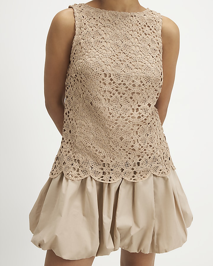Petite Beige Crochet Hybrid Mini Dress