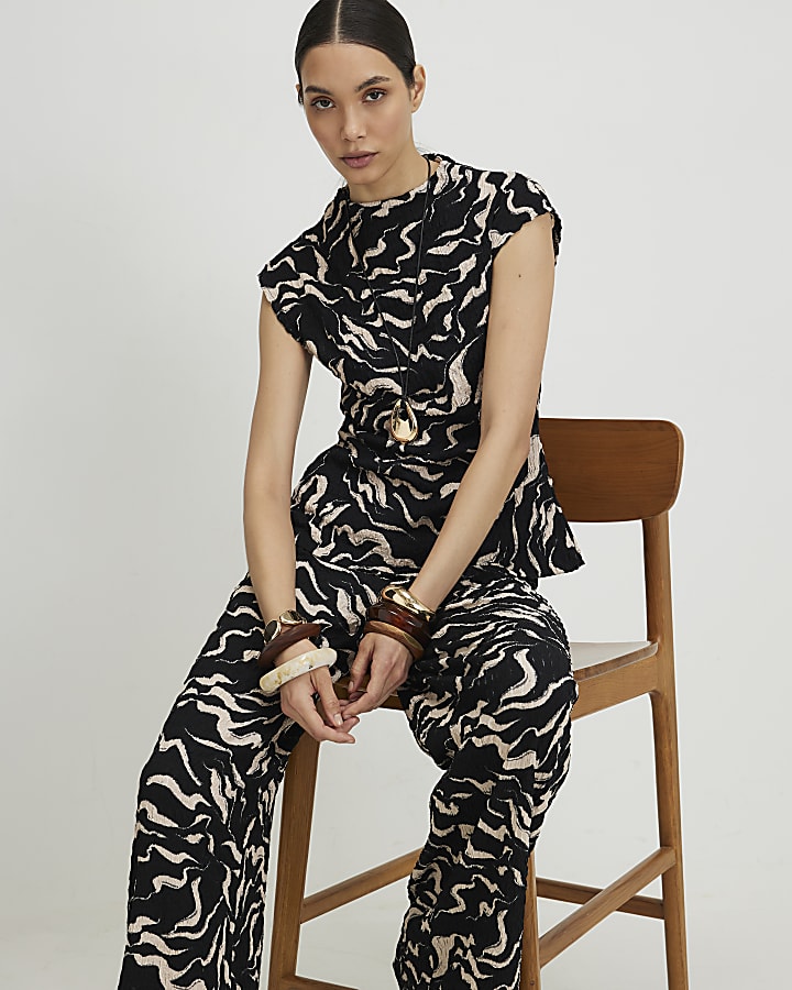 Black Abstract Wide Leg Trousers