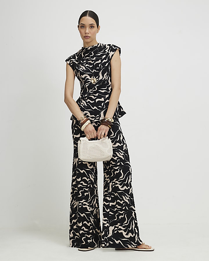 Black Abstract Grown On Sleeve Top