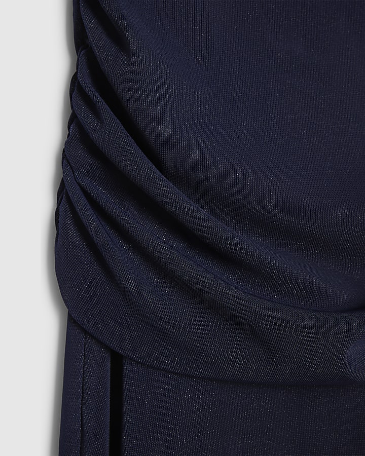 Petite Navy Lace Trim Drape Midi Dress