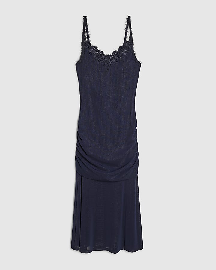 Petite Navy Lace Trim Drape Midi Dress