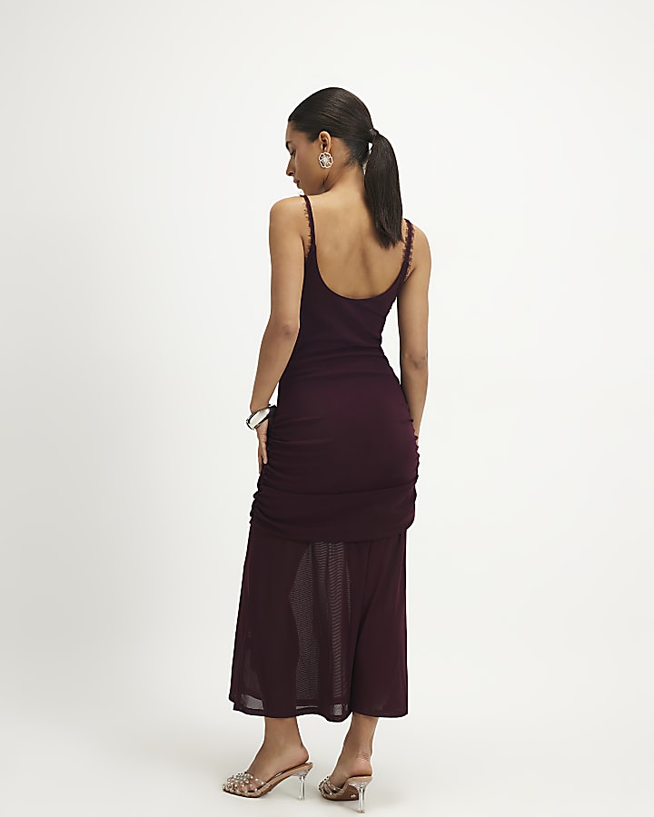 Petite Red Lace Trim Drape Midi Dress