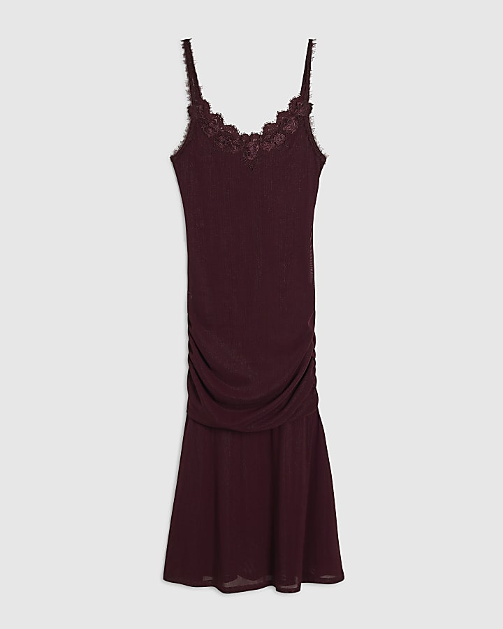 Petite Red Lace Trim Drape Midi Dress