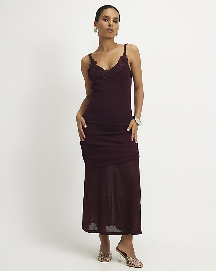 Petite Red Lace Trim Drape Midi Dress