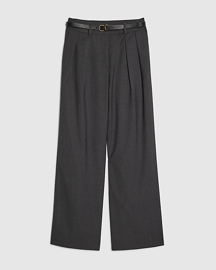 Grey Belted Wide Leg Trousers