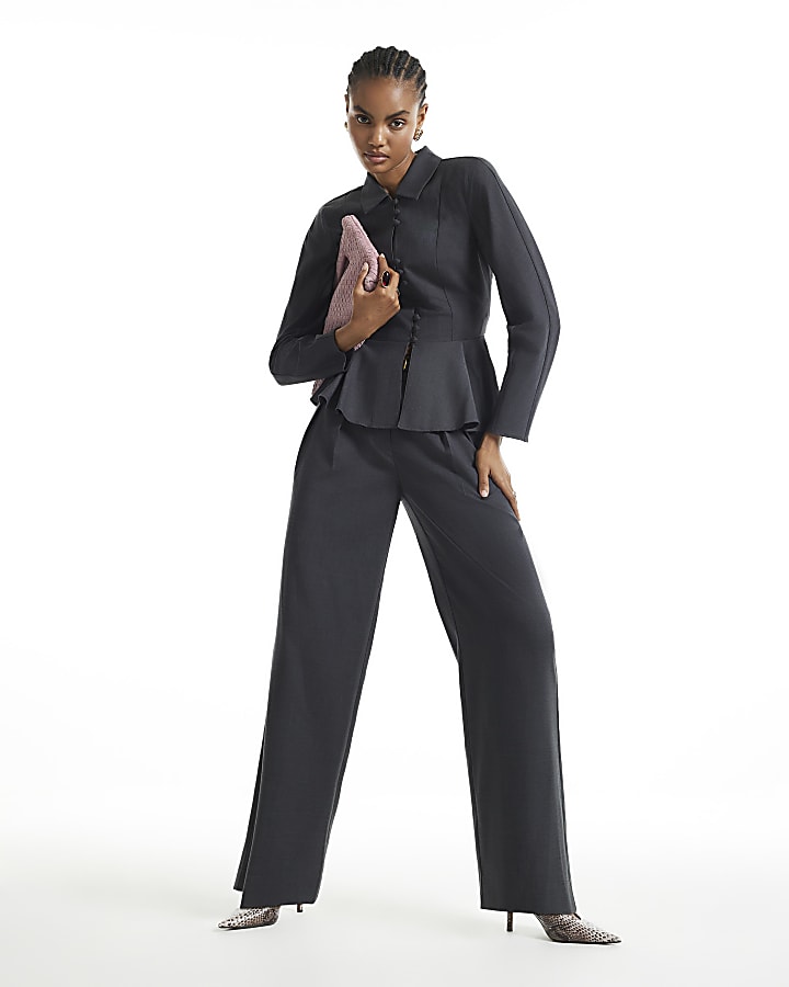 Grey Belted Wide Leg Trousers