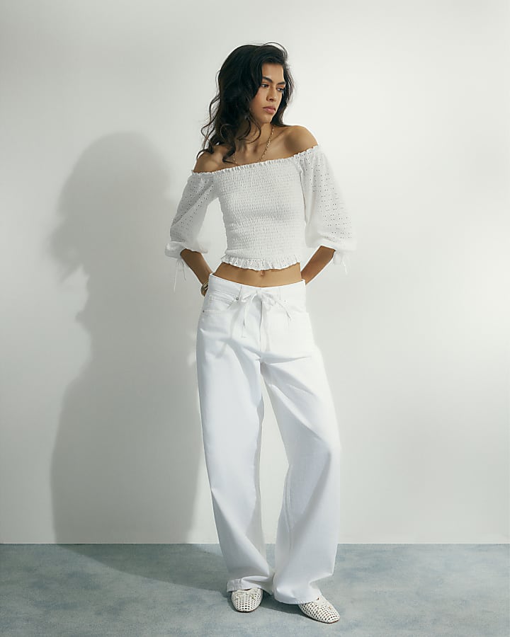 White Broderie Shirred Top