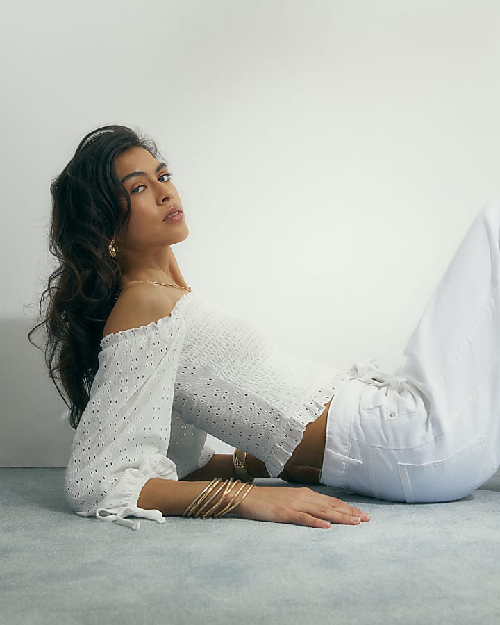 White Broderie Shirred Top