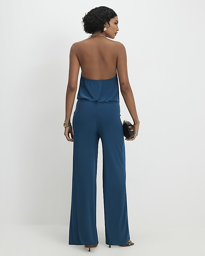 Blue Metal Trim Cowl Neck Jumpsuit
