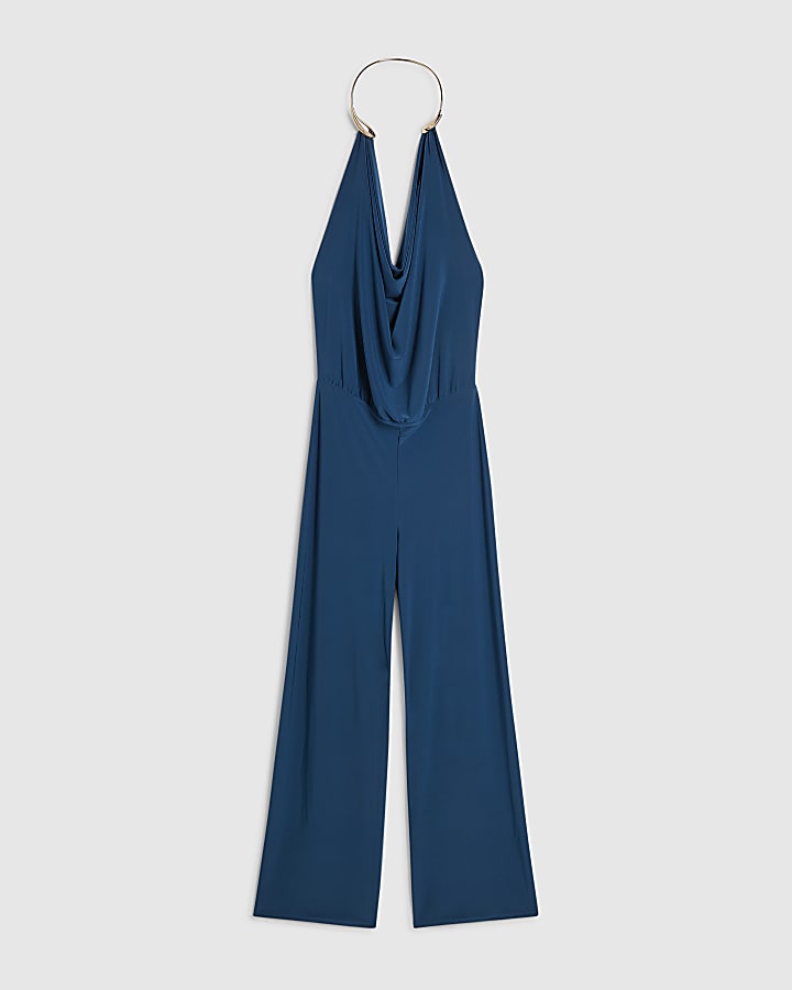 Blue Metal Trim Cowl Neck Jumpsuit