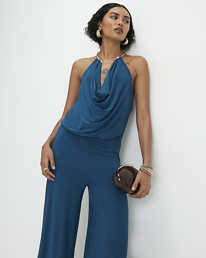 Blue Metal Trim Cowl Neck Jumpsuit