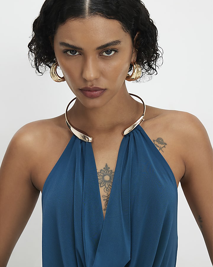 Blue Metal Trim Cowl Neck Jumpsuit