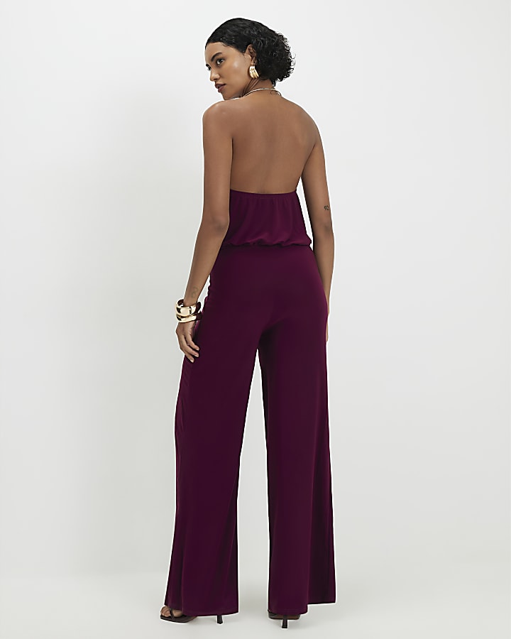 Red Metal Trim Cowl Neck Jumpsuit