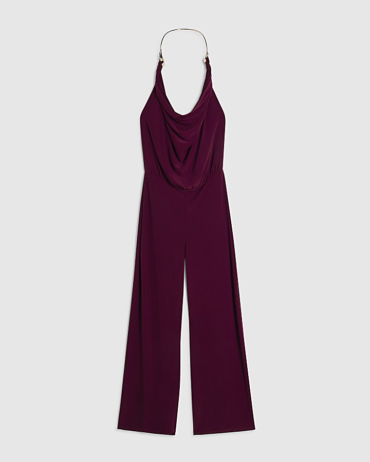 Red Metal Trim Cowl Neck Jumpsuit