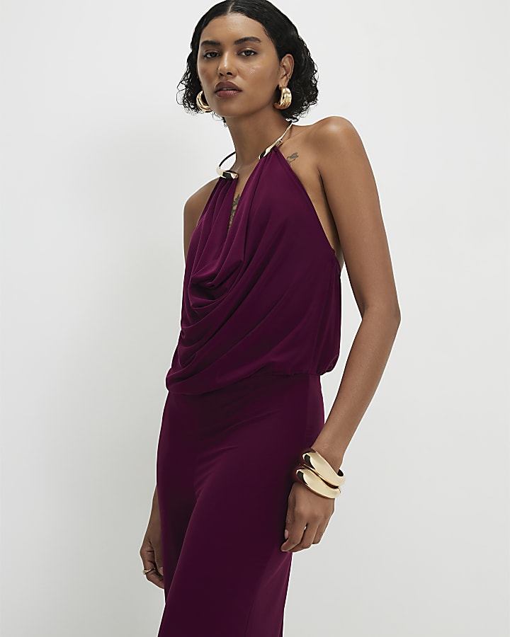 Red Metal Trim Cowl Neck Jumpsuit