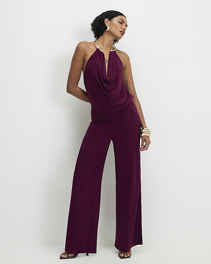 Red Metal Trim Cowl Neck Jumpsuit