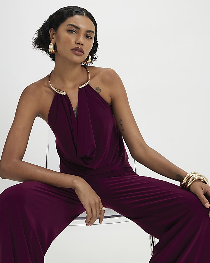 Red Metal Trim Cowl Neck Jumpsuit