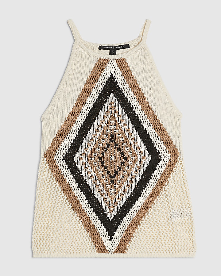 Cream Diamond Halter Neck Knit Top