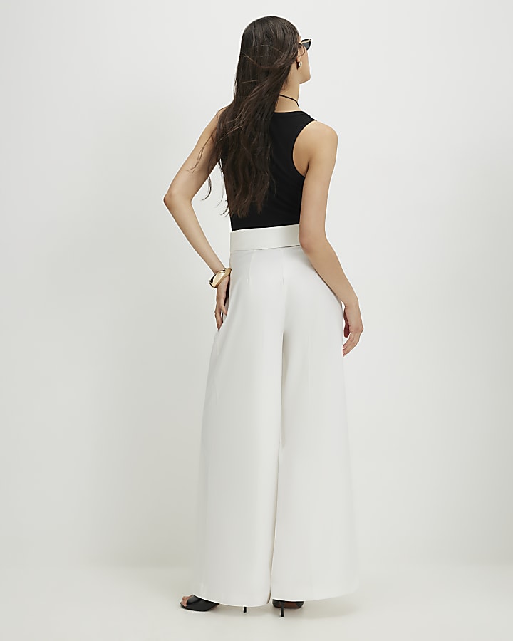 White Foldover Waistband Wide Leg Trousers