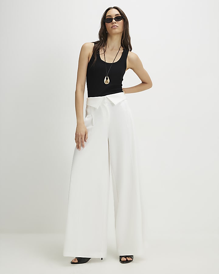 White Foldover Waistband Wide Leg Trousers