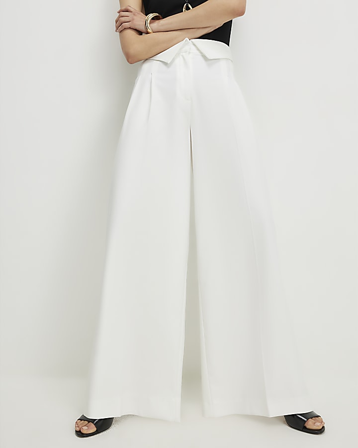White Foldover Waistband Wide Leg Trousers