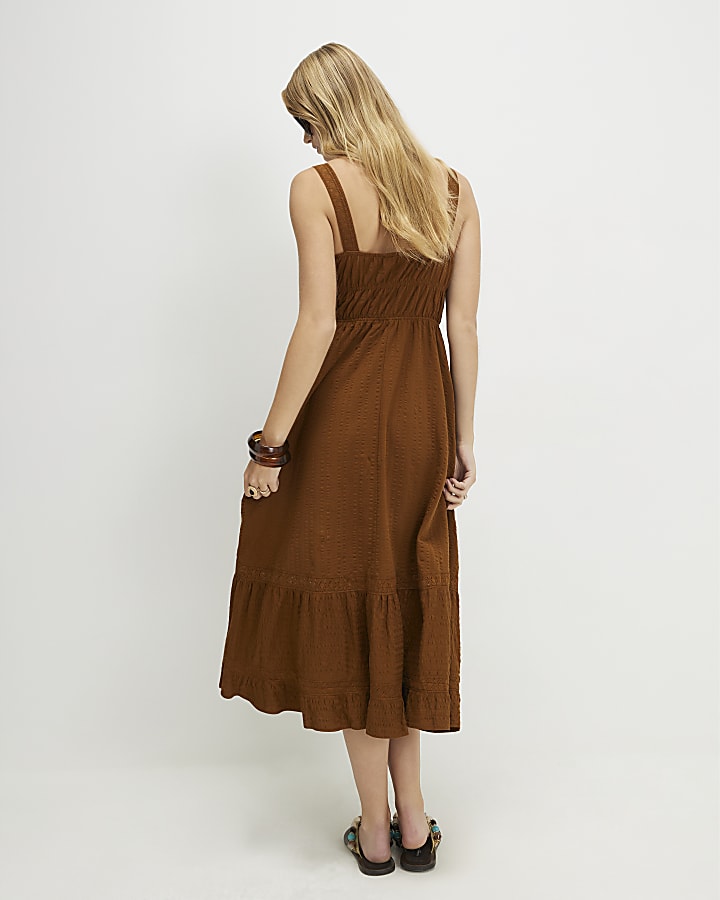 Brown Cotton Pleated Macrame Maxi Dress