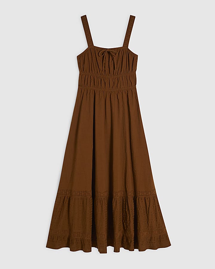 Brown Cotton Pleated Macrame Maxi Dress