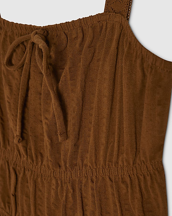 Brown Cotton Pleated Macrame Maxi Dress