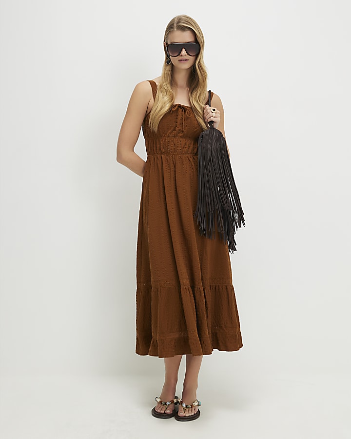 Brown Cotton Pleated Macrame Maxi Dress