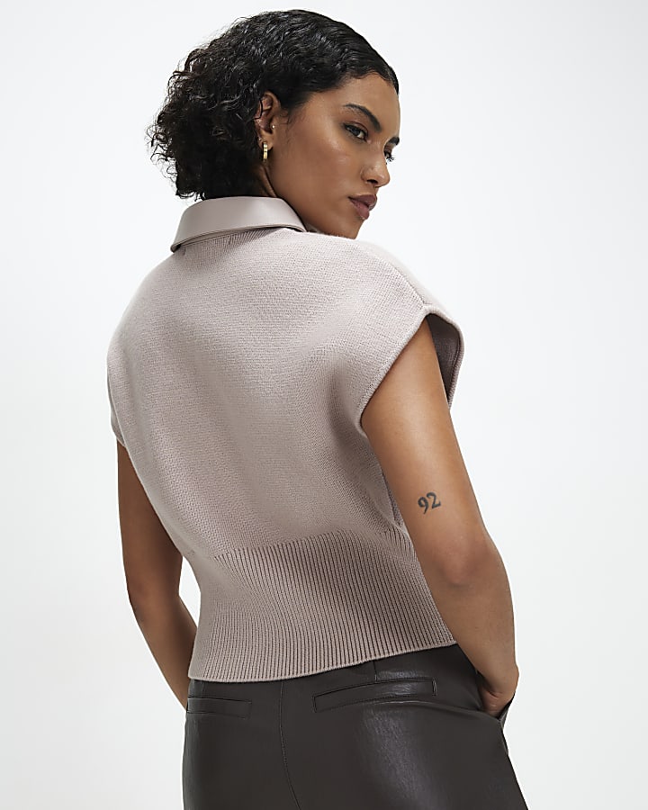 Beige Hybrid Knitted Tank Polo Top