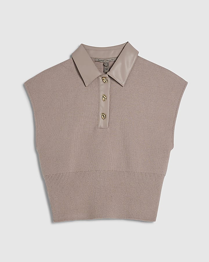 Beige Hybrid Knitted Tank Polo Top