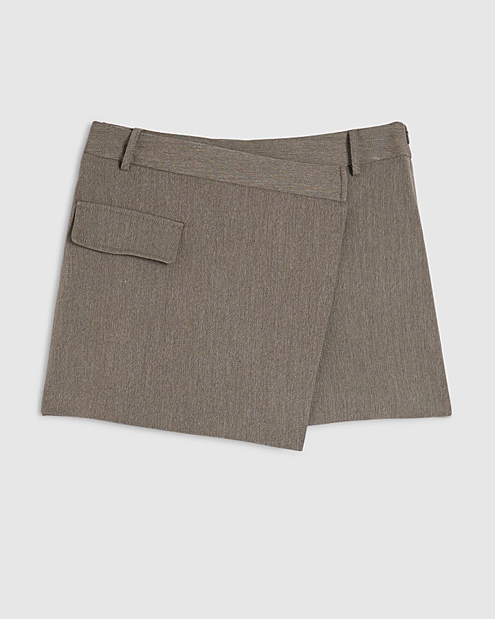 Beige Asymmetric Pocket Front Skort