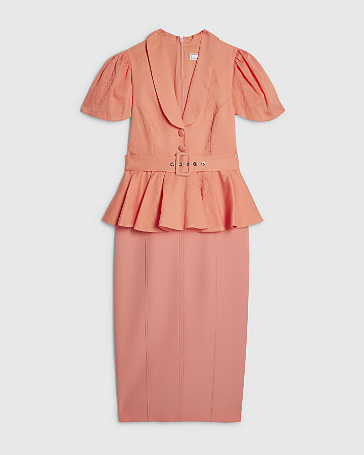 Orange Premium Pleated Peplum Pencil Dress